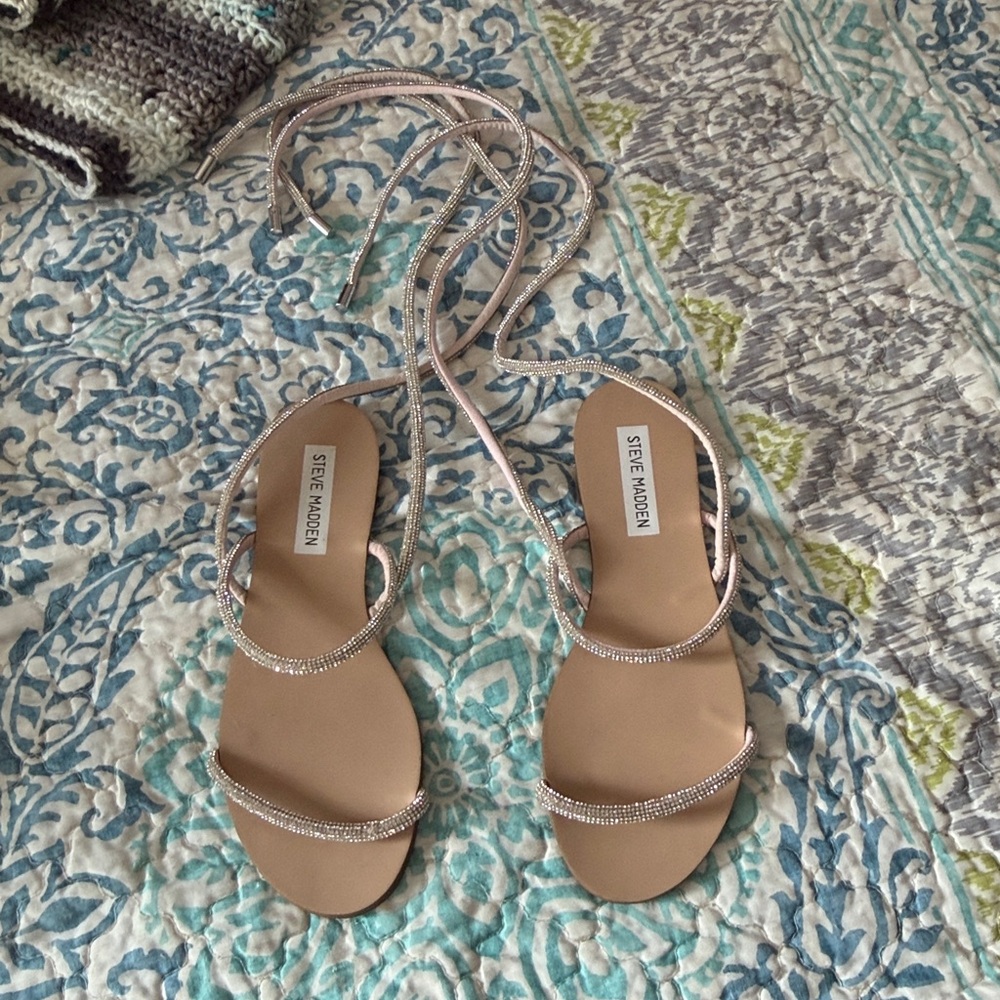 Steve Madden Beige Rhinestone Lace-Up Sandals